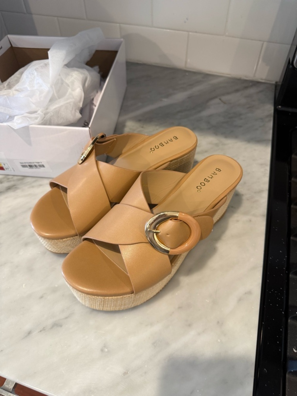 BAMBOO Tan Wedge Slide Sandals with Gold Buckle